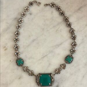 Vintage Art Deco Necklace Green Chrysoprase with Ornate Design